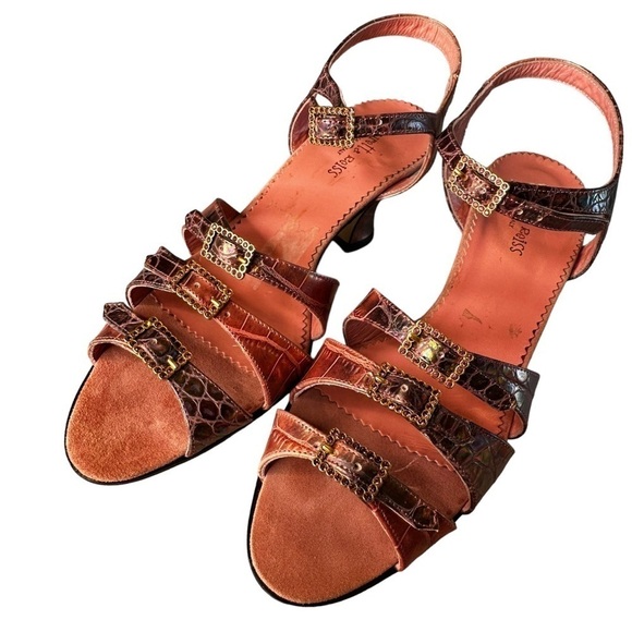 Lauretta Reiss Metallic Pink Croc Print Leather Kitten Heel Sandal - Picture 1 of 7